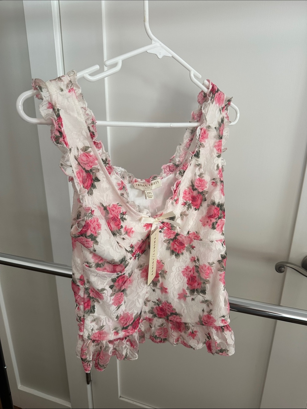 Floral Lace Ruffle Camisole - Cream with Pink Rose